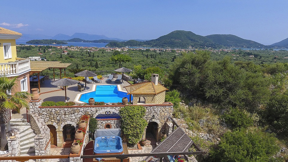 Villa Octavius pool, Jacuzzi and terraces with view out to Ionian islands